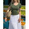 ZESICA Women’s Short Sleeve Lace V Neck Fitted T Shirts Ribbed Knit Casual Basic Tees Tops 2026 Summer Y2k Going Out Outfits(Army Green)