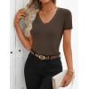 ZESICA Women’s Short Sleeve Lace V Neck Fitted T Shirts Ribbed Knit Casual Basic Tees Tops 2026 Summer Y2k Going Out Outfits(Coffee)