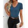 ZESICA Women’s Short Sleeve Lace V Neck Fitted T Shirts Ribbed Knit Casual Basic Tees Tops 2026 Summer Y2k Going Out Outfits(Dusty Blue)