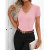 ZESICA Women’s Short Sleeve Lace V Neck Fitted T Shirts Ribbed Knit Casual Basic Tees Tops 2026 Summer Y2k Going Out Outfits(Pink)
