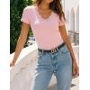 ZESICA Women’s Short Sleeve Lace V Neck Fitted T Shirts Ribbed Knit Casual Basic Tees Tops 2026 Summer Y2k Going Out Outfits(Pink)