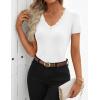 ZESICA Women’s Short Sleeve Lace V Neck Fitted T Shirts Ribbed Knit Casual Basic Tees Tops 2026 Summer Y2k Going Out Outfits(White)
