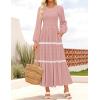 ZESICA Women’s Spring Long Sleeve Maxi Dresses 2026 Casual Crewneck Smocked A Line Tiered Flowy Wedding Guest Long Dress(Pink)