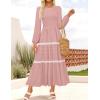 ZESICA Women’s Spring Long Sleeve Maxi Dresses 2026 Casual Crewneck Smocked A Line Tiered Flowy Wedding Guest Long Dress(Pink)
