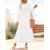 ZESICA Women’s Spring Long Sleeve Maxi Dresses 2026 Casual Crewneck Smocked A Line Tiered Flowy Wedding Guest Long Dress(White)