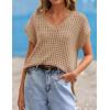 ZESICA Women’s Spring Tops 2026 Summer Shirts Crochet V Neck Cap Sleeve Sweater Cute Casual Beach Vacation Clothes(Light Khaki)