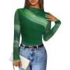 ZESICA Floral Long Sleeve Tops for Women Spring Mesh Mock Neck Ruched Fitted Shirts Going Out Blouses Trendy Clothes(Dark Green)