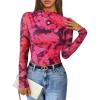 ZESICA Floral Long Sleeve Tops for Women Spring Mesh Mock Neck Ruched Fitted Shirts Going Out Blouses Trendy Clothes(Rose)