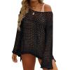ZESICA Women’s 2026 Summer Crochet Hollow Out Long Sleeve Beach Bikini Swimsuit Mesh Cover Up Tunic Top(Black)