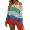 ZESICA Women’s 2026 Summer Crochet Hollow Out Long Sleeve Beach Bikini Swimsuit Mesh Cover Up Tunic Top(Bluegreen)