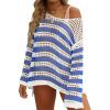 ZESICA Women’s 2026 Summer Crochet Hollow Out Long Sleeve Beach Bikini Swimsuit Mesh Cover Up Tunic Top(Cobalt)