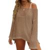 ZESICA Women’s 2026 Summer Crochet Hollow Out Long Sleeve Beach Bikini Swimsuit Mesh Cover Up Tunic Top(Deepapricot)