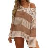 ZESICA Women’s 2026 Summer Crochet Hollow Out Long Sleeve Beach Bikini Swimsuit Mesh Cover Up Tunic Top(Khaki)