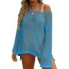 ZESICA Women’s 2026 Summer Crochet Hollow Out Long Sleeve Beach Bikini Swimsuit Mesh Cover Up Tunic Top(Lakeblue)