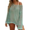 ZESICA Women’s 2026 Summer Crochet Hollow Out Long Sleeve Beach Bikini Swimsuit Mesh Cover Up Tunic Top(Mint)