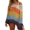ZESICA Women’s 2026 Summer Crochet Hollow Out Long Sleeve Beach Bikini Swimsuit Mesh Cover Up Tunic Top(Navy)