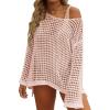 ZESICA Women’s 2026 Summer Crochet Hollow Out Long Sleeve Beach Bikini Swimsuit Mesh Cover Up Tunic Top(Pink)