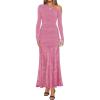 ZESICA Women’s Long Sleeve Off Shoulder Bodycon Dresses Fall 2026 Ruched Lace Wedding Guest Cocktail Formal Maxi Dress(Pink)