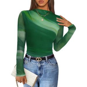 ZESICA Floral Long Sleeve Tops for Women Spring Mesh Mock Neck Ruched Fitted Shirts Going Out Blouses Trendy Clothes(Dark Green)