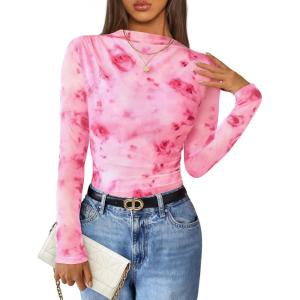 ZESICA Floral Long Sleeve Tops for Women Spring Mesh Mock Neck Ruched Fitted Shirts Going Out Blouses Trendy Clothes(Pink)