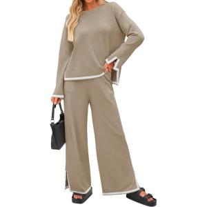 ZESICA Women’s 2 Piece Outfits Set 2026 Casual Long Sleeve Knit Pullover Top and Wide Leg Pants Sweatsuit Lounge Sets(Tan)