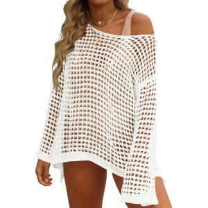 ZESICA Women’s 2026 Summer Crochet Hollow Out Long Sleeve Beach Bikini Swimsuit Mesh Cover Up Tunic Top(Apricot)