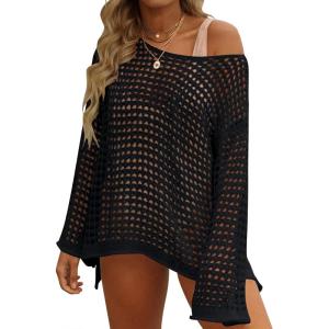 ZESICA Women’s 2026 Summer Crochet Hollow Out Long Sleeve Beach Bikini Swimsuit Mesh Cover Up Tunic Top(Black)