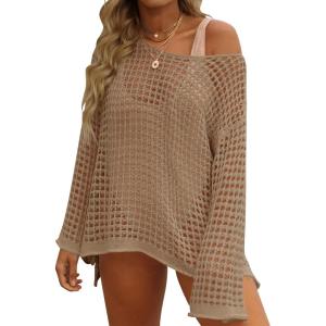 ZESICA Women’s 2026 Summer Crochet Hollow Out Long Sleeve Beach Bikini Swimsuit Mesh Cover Up Tunic Top(Deepapricot)