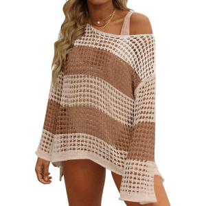ZESICA Women’s 2026 Summer Crochet Hollow Out Long Sleeve Beach Bikini Swimsuit Mesh Cover Up Tunic Top(Khaki)