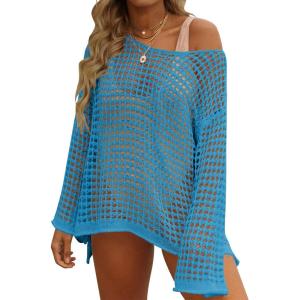 ZESICA Women’s 2026 Summer Crochet Hollow Out Long Sleeve Beach Bikini Swimsuit Mesh Cover Up Tunic Top(Lakeblue)