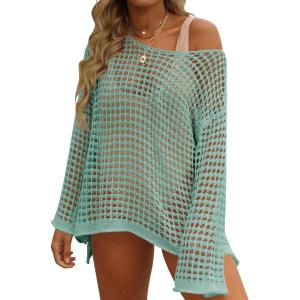 ZESICA Women’s 2026 Summer Crochet Hollow Out Long Sleeve Beach Bikini Swimsuit Mesh Cover Up Tunic Top(Mint)