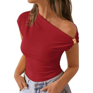 ZESICA Women’s 2026 Summer Off Shoulder Tops Going Out Sexy Y2k Shirts Spring Cap Sleeve Ruched Asymmetrical Blouses(Red)