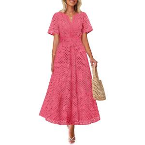 ZESICA Women’s 2026 Summer Short Sleeve Maxi Dress Casual V Neck Hollow Out Eyelet Ruffle Swing A Line Long Dresses(Hotpink)