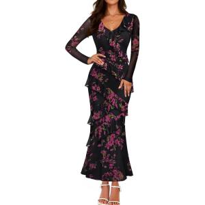 ZESICA Women’s Fall Floral Long Sleeve Maxi Dress 2026 Boho Bodycon V Neck Ruffle Wedding Party Long Dresses(Black)