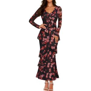 ZESICA Women’s Fall Floral Long Sleeve Maxi Dress 2026 Boho Bodycon V Neck Ruffle Wedding Party Long Dresses(Black Rose)
