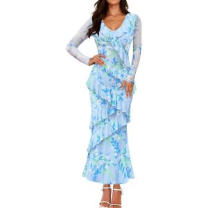 ZESICA Women’s Fall Floral Long Sleeve Maxi Dress 2026 Boho Bodycon V Neck Ruffle Wedding Party Long Dresses(Blue)