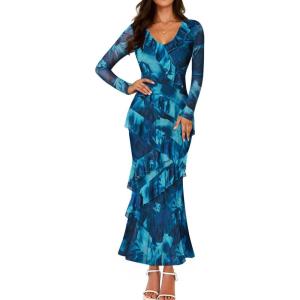 ZESICA Women’s Fall Floral Long Sleeve Maxi Dress 2026 Boho Bodycon V Neck Ruffle Wedding Party Long Dresses(Lake)