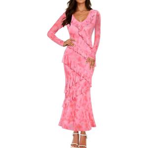ZESICA Women’s Fall Floral Long Sleeve Maxi Dress 2026 Boho Bodycon V Neck Ruffle Wedding Party Long Dresses(Pink)