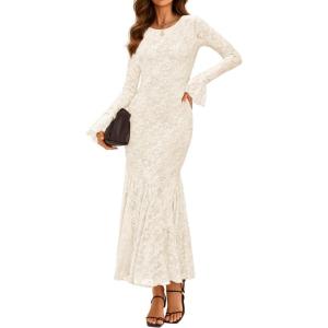 ZESICA Women’s Long Sleeve Bodycon Maxi Dress 2026 Fall Fashion Floral Sexy Mermaid Wedding Guest Cocktail Party Dresses(Beige)