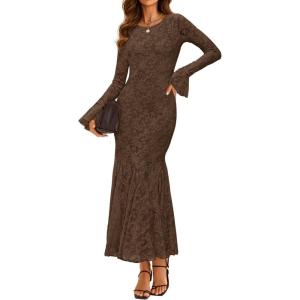 ZESICA Women’s Long Sleeve Bodycon Maxi Dress 2026 Fall Fashion Floral Sexy Mermaid Wedding Guest Cocktail Party Dresses(Coffee)