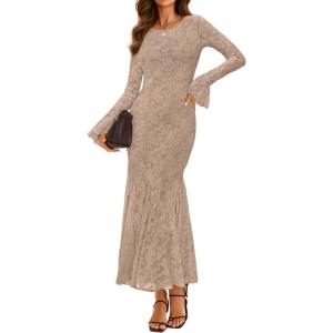 ZESICA Women’s Long Sleeve Bodycon Maxi Dress 2026 Fall Fashion Floral Sexy Mermaid Wedding Guest Cocktail Party Dresses(Khaki)
