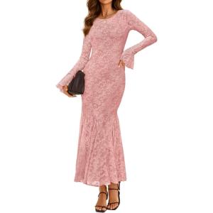ZESICA Women’s Long Sleeve Bodycon Maxi Dress 2026 Fall Fashion Floral Sexy Mermaid Wedding Guest Cocktail Party Dresses(Pink)