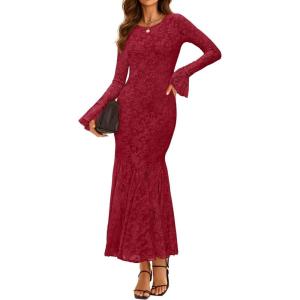 ZESICA Women’s Long Sleeve Bodycon Maxi Dress 2026 Fall Fashion Floral Sexy Mermaid Wedding Guest Cocktail Party Dresses(Red)