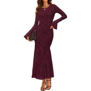 ZESICA Women’s Long Sleeve Bodycon Maxi Dress 2026 Fall Fashion Floral Sexy Mermaid Wedding Guest Cocktail Party Dresses(Wine)