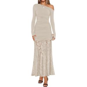 ZESICA Women’s Long Sleeve Off Shoulder Bodycon Dresses Fall 2026 Ruched Lace Wedding Guest Cocktail Formal Maxi Dress(Apricot)