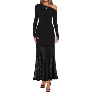 ZESICA Women’s Long Sleeve Off Shoulder Bodycon Dresses Fall 2026 Ruched Lace Wedding Guest Cocktail Formal Maxi Dress(Black)