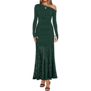 ZESICA Women’s Long Sleeve Off Shoulder Bodycon Dresses Fall 2026 Ruched Lace Wedding Guest Cocktail Formal Maxi Dress(Green)