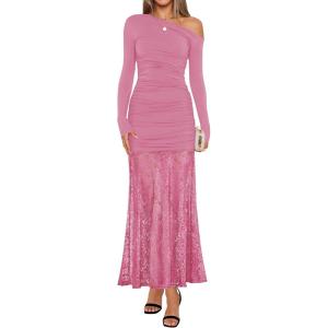 ZESICA Women’s Long Sleeve Off Shoulder Bodycon Dresses Fall 2026 Ruched Lace Wedding Guest Cocktail Formal Maxi Dress(Pink)