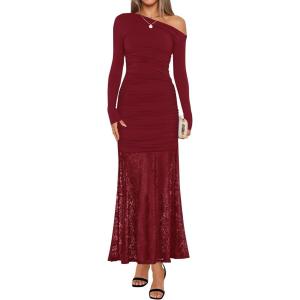 ZESICA Women’s Long Sleeve Off Shoulder Bodycon Dresses Fall 2026 Ruched Lace Wedding Guest Cocktail Formal Maxi Dress(Red)