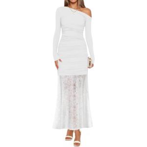 ZESICA Women’s Long Sleeve Off Shoulder Bodycon Dresses Fall 2026 Ruched Lace Wedding Guest Cocktail Formal Maxi Dress(White)